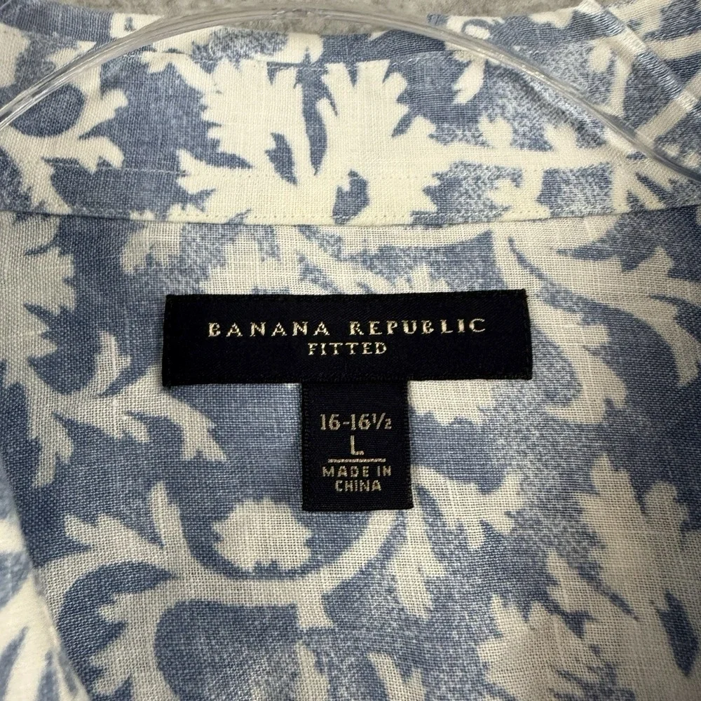 Banana Republic Men's Large Blue Floral Linen Fitted Long Sleeve Button-Up Shirt